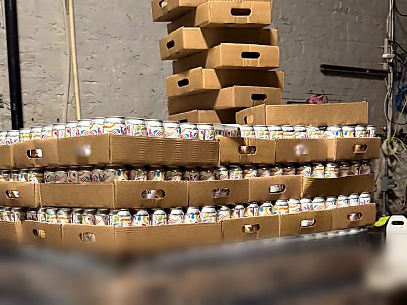 Pallet of freshly packed cans in cardboard trays at the brewery